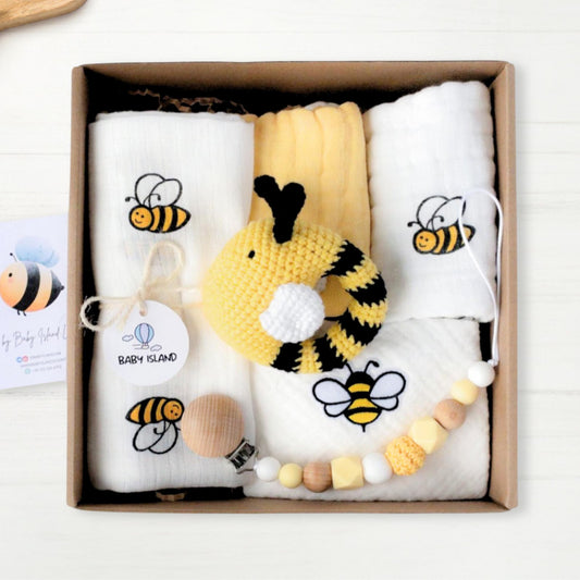 Set regalo neonato a tema ape unisex | Set nascita genere neutro per Baby Shower con catenella portaciuccio, mussole e confezione regalo